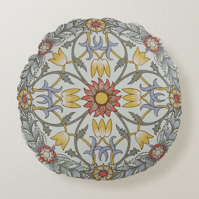 William Morris Floral Circle Flower Illustration Round Cushion (Front)