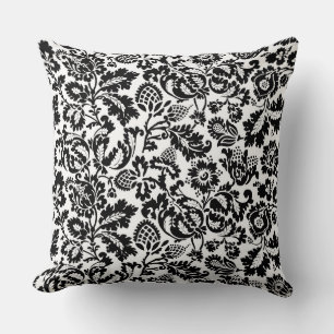 William Morris Floral Damask, Black on White Cushion