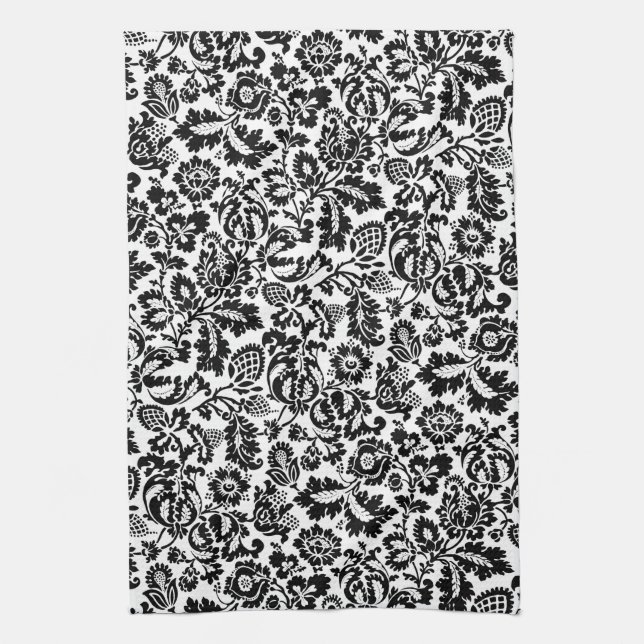 William Morris Floral Damask, Black on White Tea Towel (Vertical)