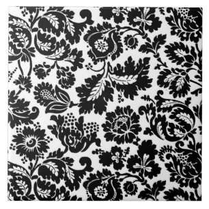 William Morris Floral Damask, Black on White Tile