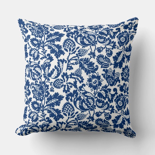 William Morris Floral Damask, Cobalt Blue on White Cushion (Front)