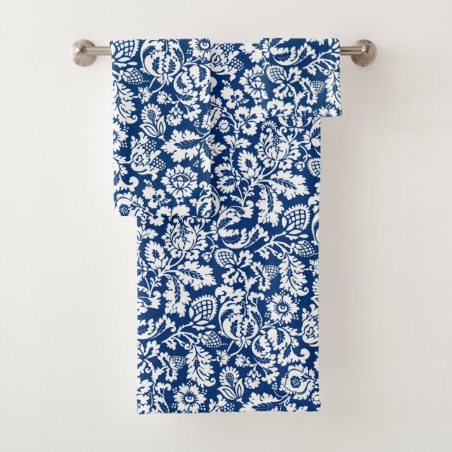 William Morris Floral Damask, Cobalt Blue & White Bath Towel Set (Insitu)