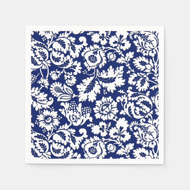 William Morris Floral Damask, Cobalt Blue & White Napkin (Front)