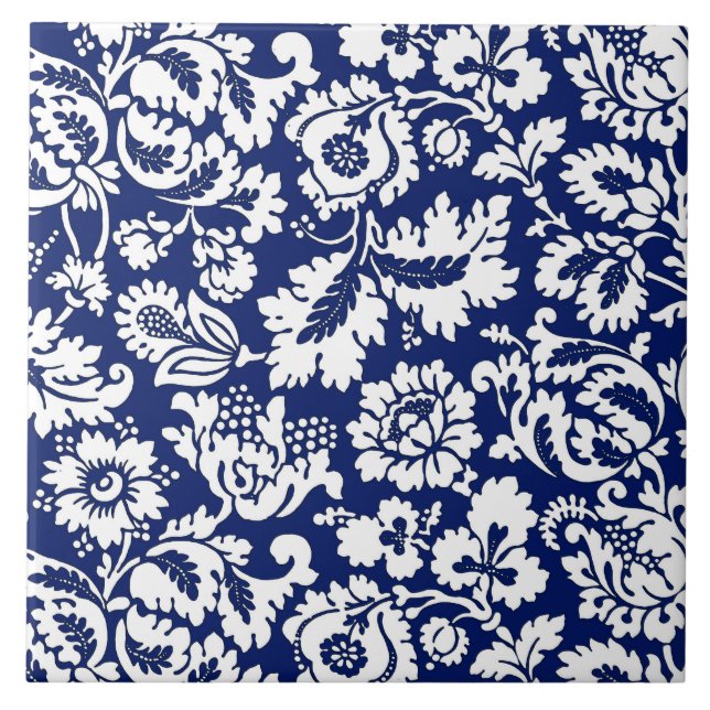 William Morris Floral Damask, Cobalt Blue & White Tile (Front)