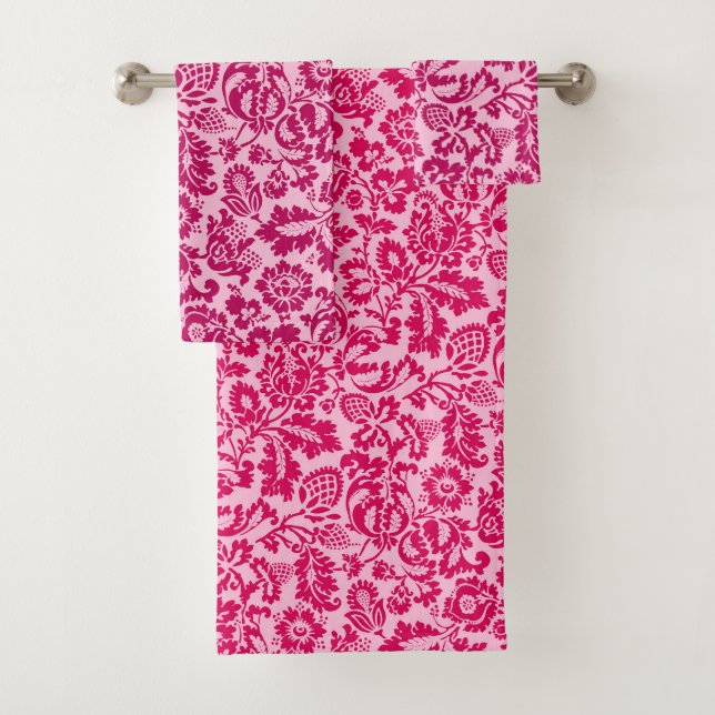 William Morris Floral Damask, Fuchsia and Pink  Bath Towel Set (Insitu)