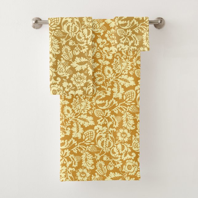 William Morris Floral Damask, Mustard Yellow Bath  Towel Set (Insitu)