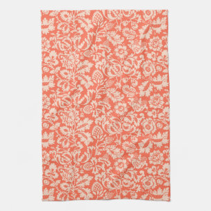 William Morris Floral Damask, Peach and Coral  Tea Towel