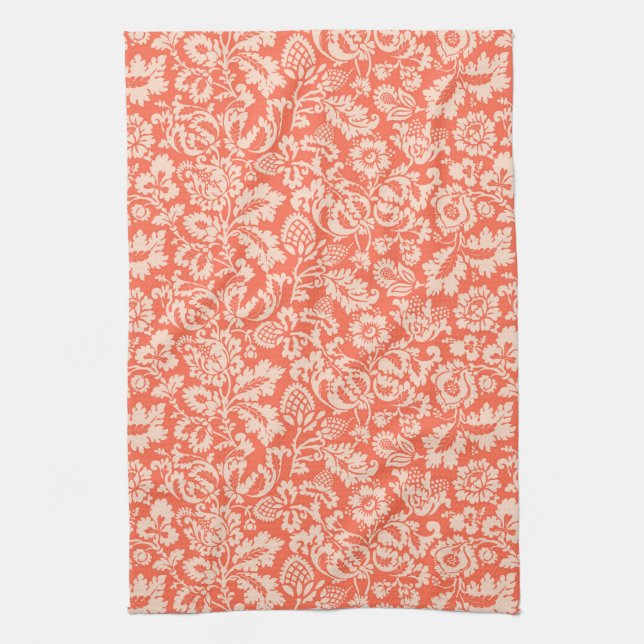 William Morris Floral Damask, Peach and Coral  Tea Towel (Vertical)