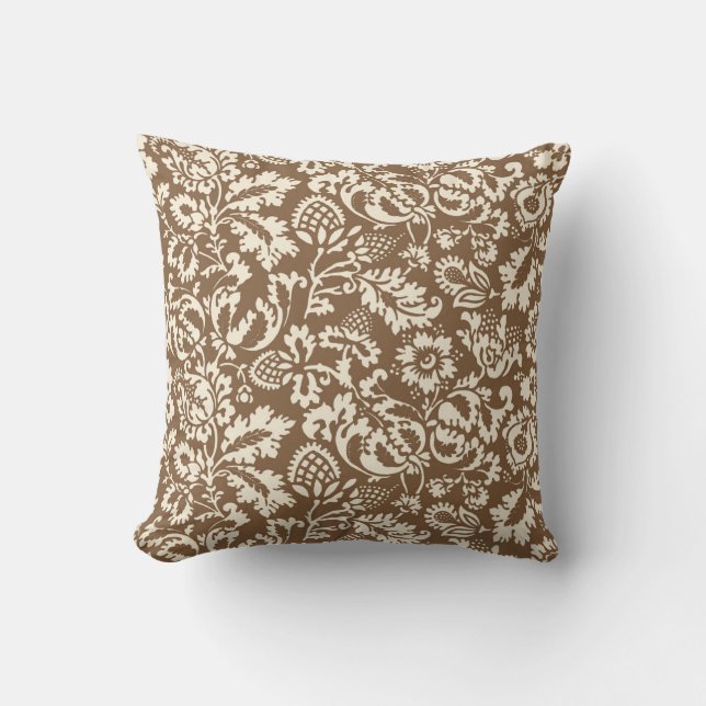 William Morris Floral Damask, Taupe Tan and Beige Cushion (Front)