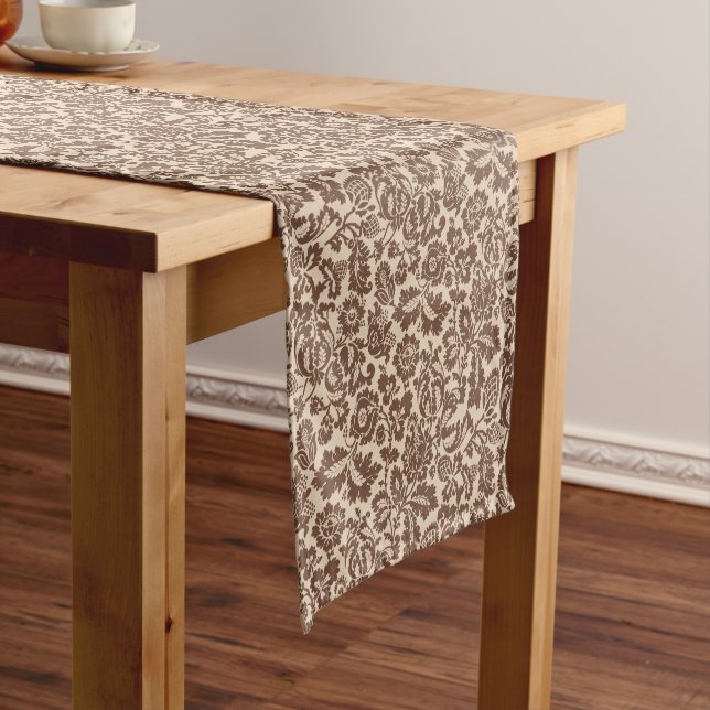 William Morris Floral Damask, Taupe Tan on Beige   Short Table Runner (In Situ)