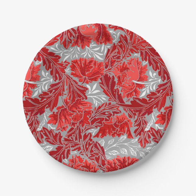 William Morris Floral, Deep Red and Grey / Grey Paper Plate (Front)