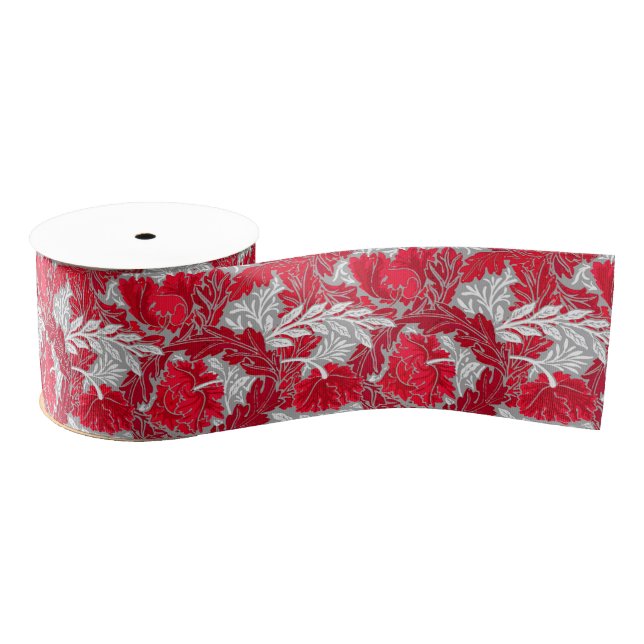 William Morris Floral, Deep Red and Silver Gray Grosgrain Ribbon (Spool)