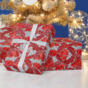 William Morris Floral, Deep Red and Silver Gray Wrapping Paper