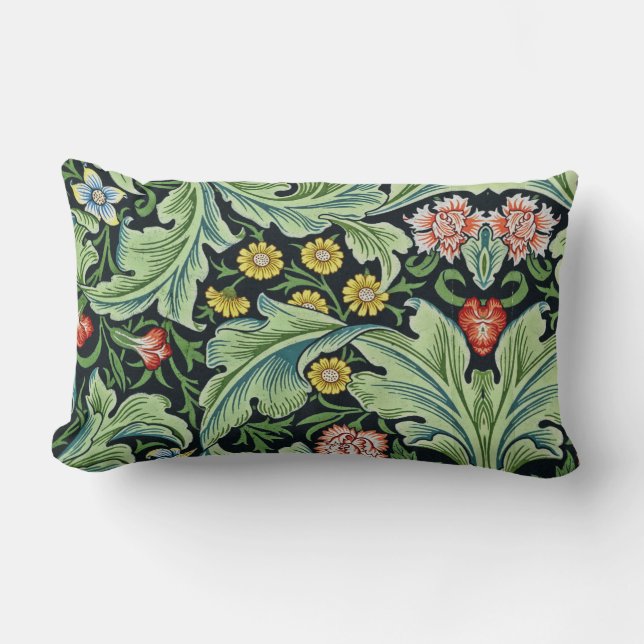William Morris Floral Flowers Carnation Pink Green Lumbar Cushion (Front)