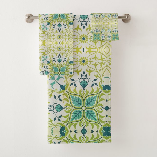 William Morris Floral Flowers Foliage Green Blue Bath Towel Set (Insitu)