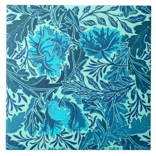 William Morris Floral, Indigo Blue and Turquoise Tile (Front)
