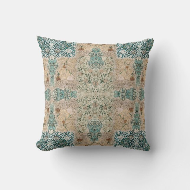 William Morris Floral Pattern Collage Teal Peach Cushion (Front)