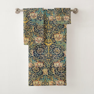 William Morris Floral Pattern Gold Turquoise Red Bath Towel Set