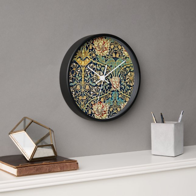 William Morris Floral Pattern Gold Turquoise Red Clock (Office)