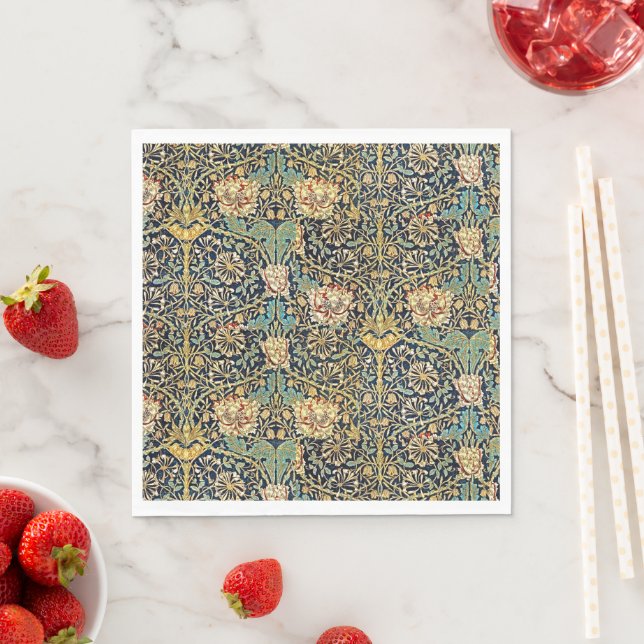 William Morris Floral Pattern Gold Turquoise Red Napkin (Insitu)