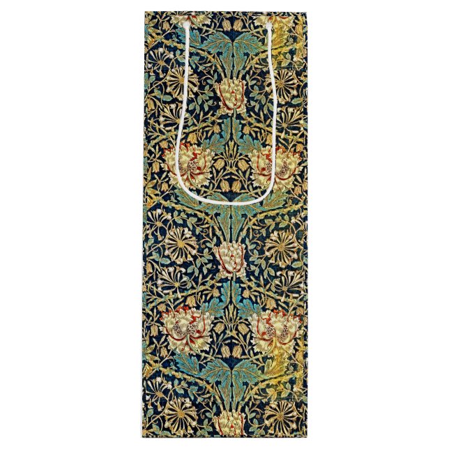 William Morris Floral Pattern Gold Turquoise Red Wine Gift Bag (Front)