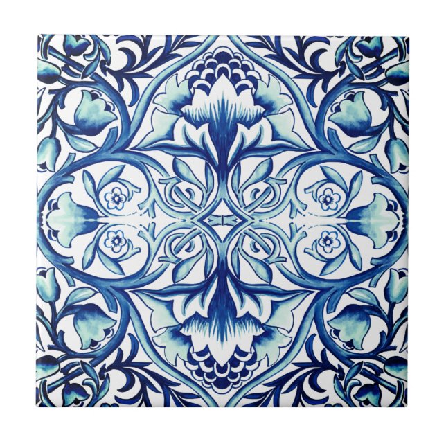 William Morris floral pattern. Vintage. Blue white Tile (Front)