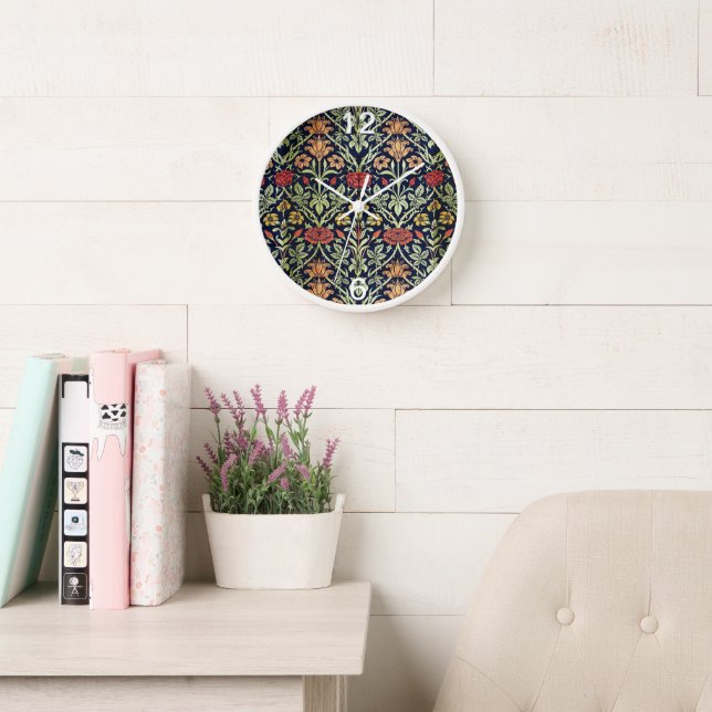 William Morris Flowers Foliage Green Yellow Red  Clock (Reading Room)