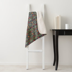 William Morris Flowers Foliage Green Yellow Red Sherpa Blanket