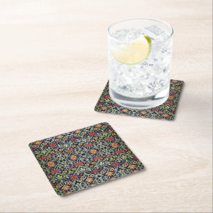 William Morris Flowers Foliage Green Yellow Red  Square Paper Coaster