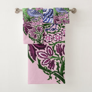 William Morris Folk Art Birds Flowers Acorns Bath Towel Set