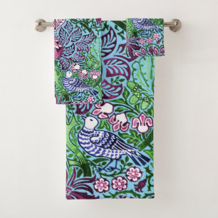 William Morris Folk Art Birds Flowers Acorns Bath Towel Set