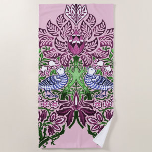William Morris Folk Art Birds Flowers Acorns Beach Towel
