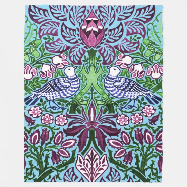 William Morris Folk Art Birds Flowers Acorns Fleece Blanket (Front)