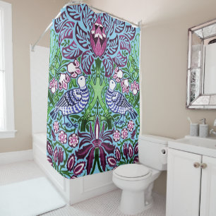 William Morris Folk Art Birds Flowers Acorns Shower Curtain