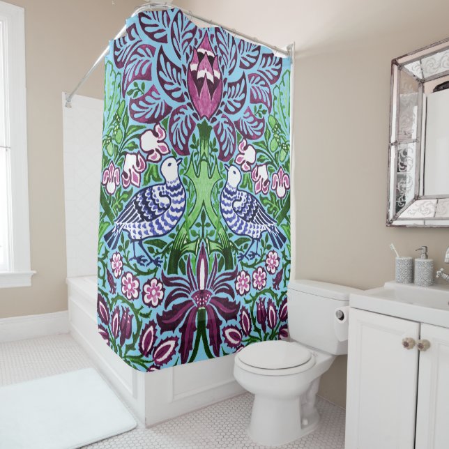 William Morris Folk Art Birds Flowers Acorns Shower Curtain (In Situ)