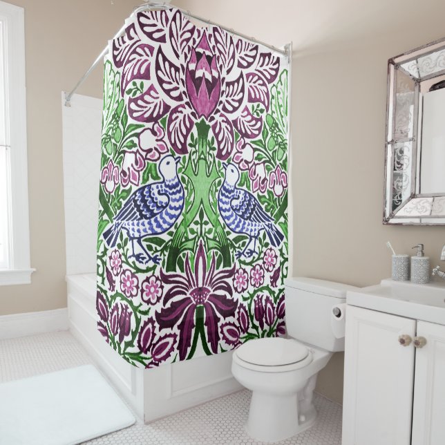 William Morris Folk Art Birds Flowers Acorns Shower Curtain (In Situ)