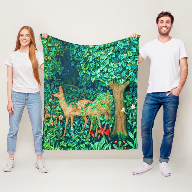 William Morris Forest Deer Tapestry Print Fleece Blanket (In Situ)