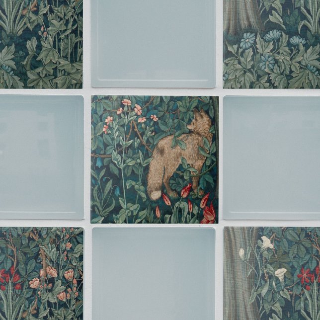 William Morris Forest Fox Floral Tile (William Morris tiles with sage green solid tiles)
