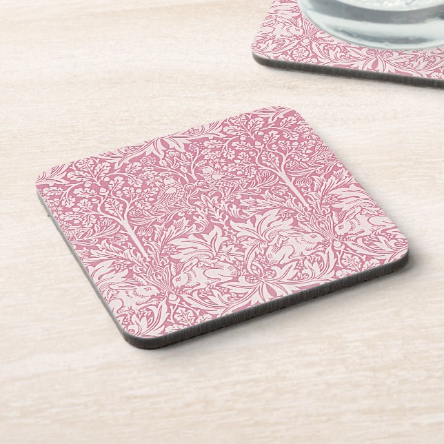 William Morris Forest Rabbit Bird Foliage Pink  Coaster (Left Side)