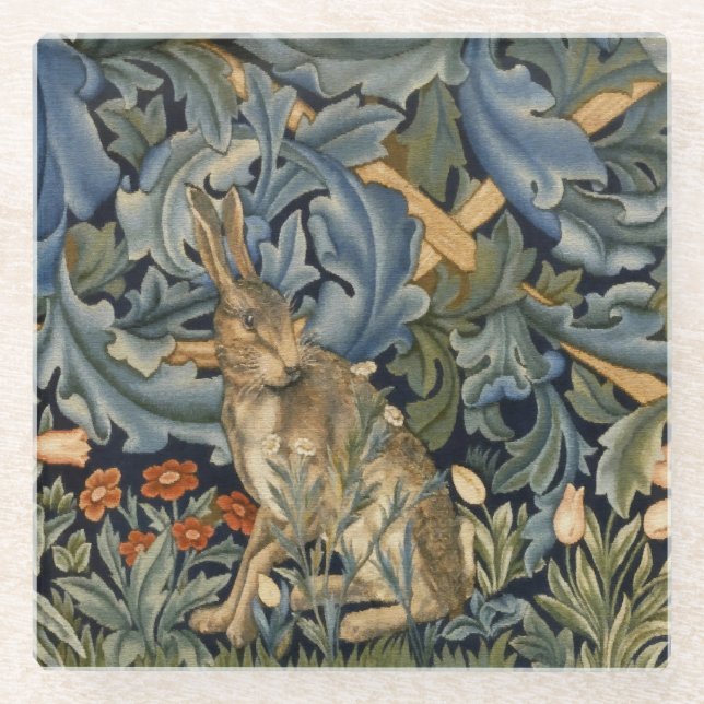William Morris Forest Rabbit Floral Art Nouveau Glass Coaster (Front)