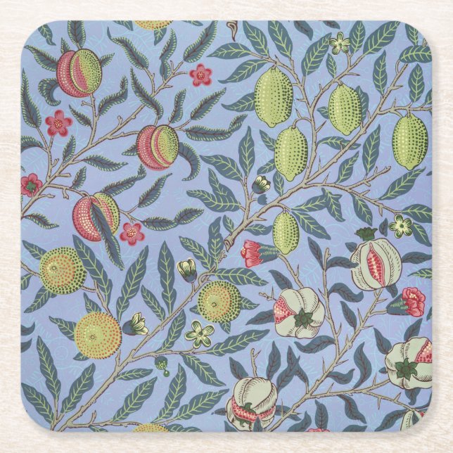 William Morris Fruit Pomegranate Blue Ornament Square Paper Coaster (Front)