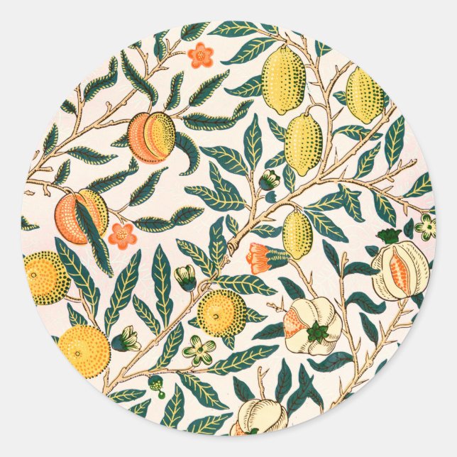 William Morris Fruit Pomegranate White Ornament Classic Round Sticker (Front)