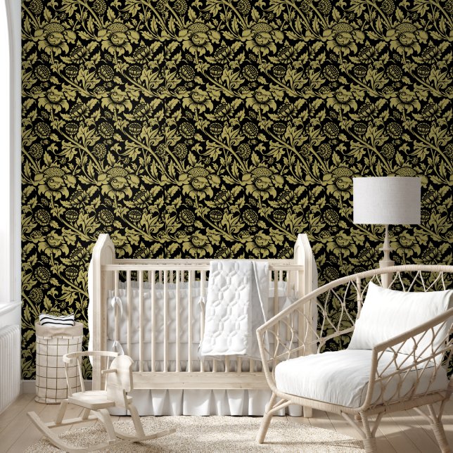 William Morris Gold and Black Floral Wallpaper (Kids)
