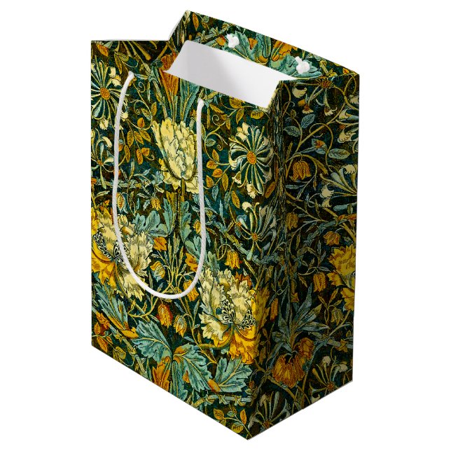 William Morris Gold Honeysuckle Floral Wallpaper Medium Gift Bag (Back Angled)