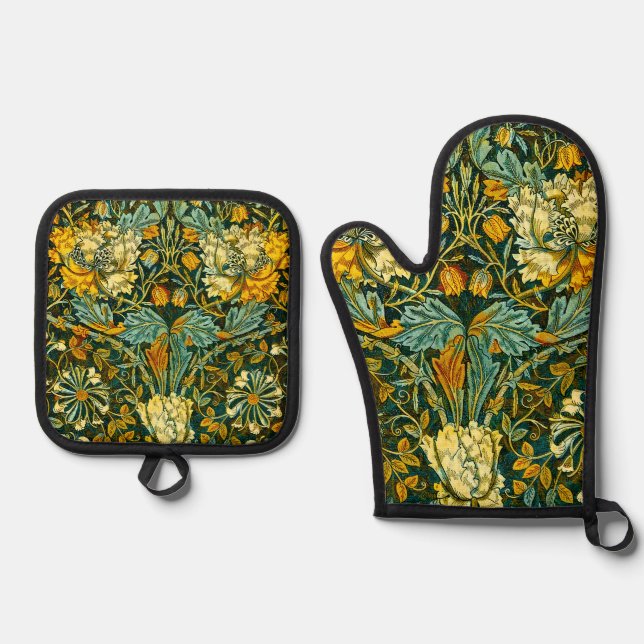 William Morris Gold Honeysuckle Floral Wallpaper Oven Mitt & Pot Holder Set (Front)