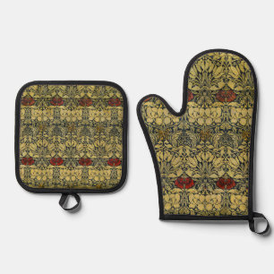William Morris Gold Tulip Rose Vintage Wallpaper Oven Mitt & Pot Holder Set