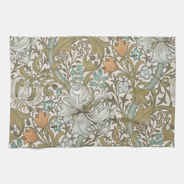 William Morris Golden Lily Blue Gold Classic Tea Towel (Horizontal)