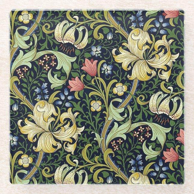 William Morris Golden Lily Floral Pattern Glass Coaster (Front)
