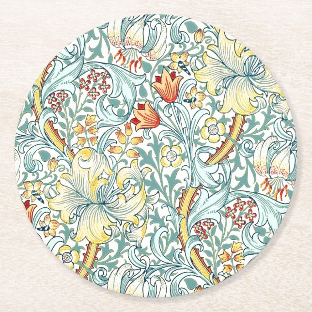 William Morris Golden Lily Floral Pattern Round Paper Coaster (Front)