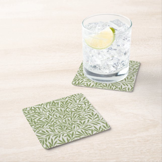 William Morris Green Floral Botanical Pattern Square Paper Coaster (Insitu)